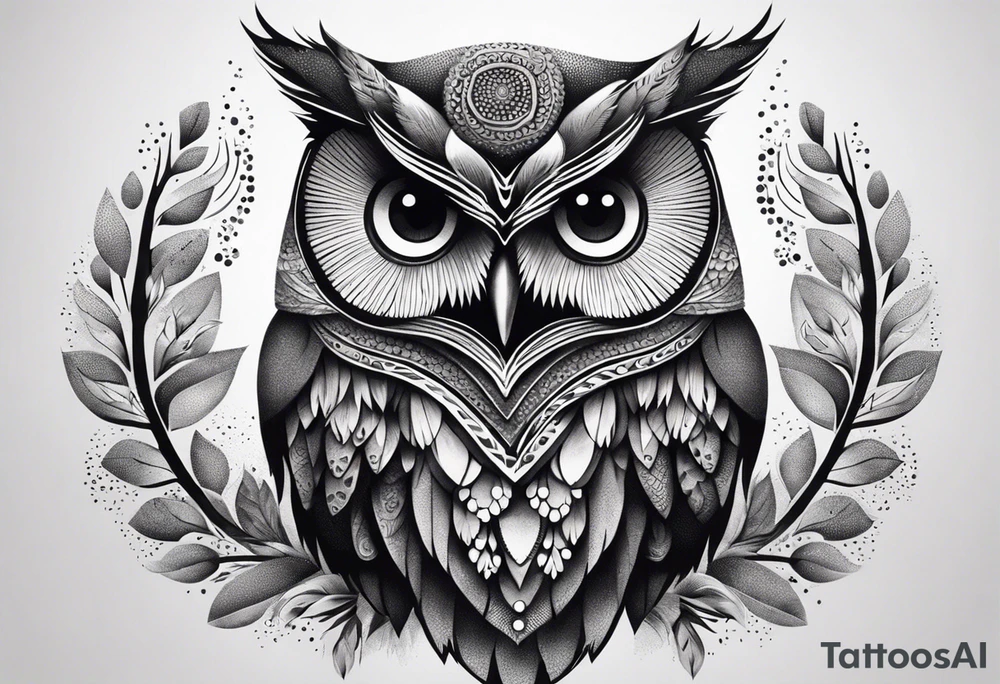 “A wise owl perched on a branch, with large, expressive eyes and intricate feather patterns, representing wisdom tattoo idea