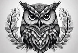 “A wise owl perched on a branch, with large, expressive eyes and intricate feather patterns, representing wisdom tattoo idea