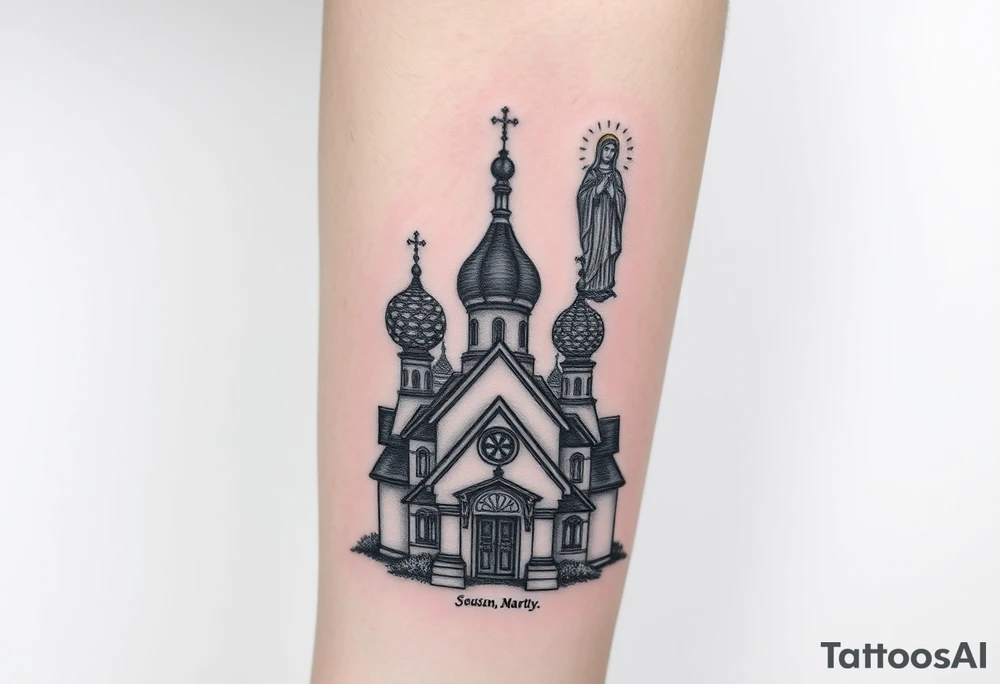 in a dorsal view a detailed medium sized country style russian orthodox church with onion domes and a band at the front with mist shrouding the top and fading into a virgin mary overlooking above at the top tattoo idea