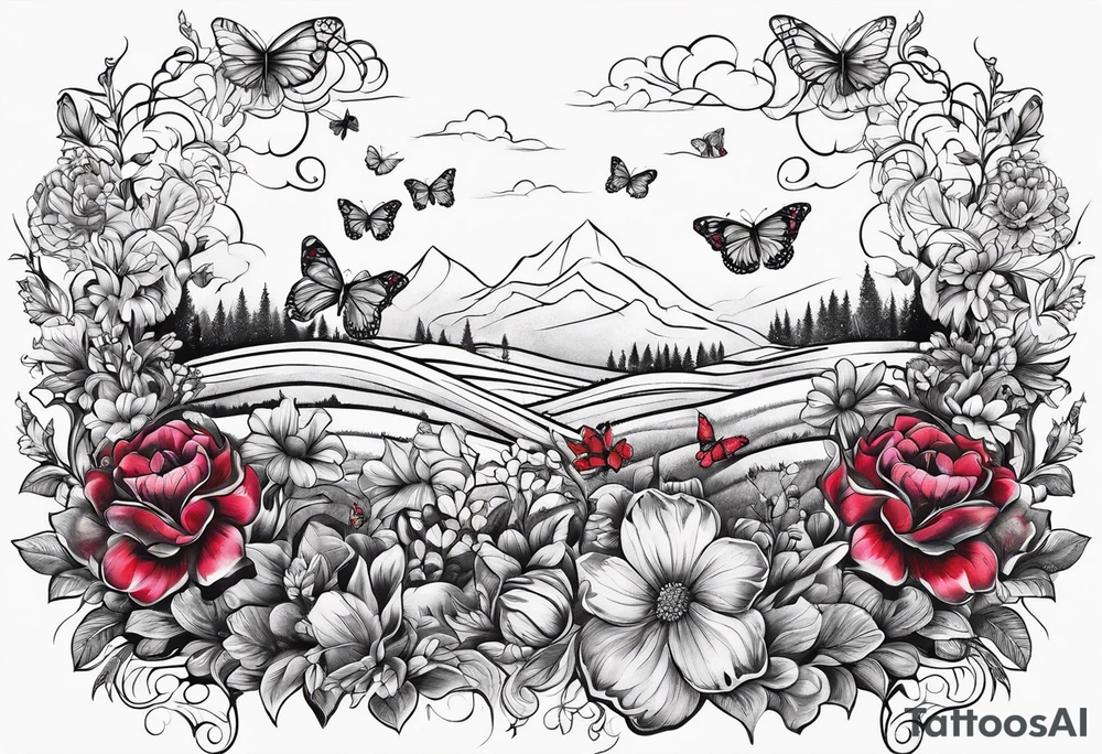 Flowers field with "Ruby" in calligraphy font and butterflies around it tattoo idea