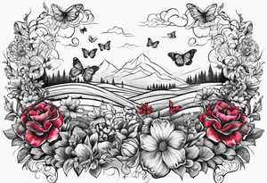 Flowers field with "Ruby" in calligraphy font and butterflies around it tattoo idea