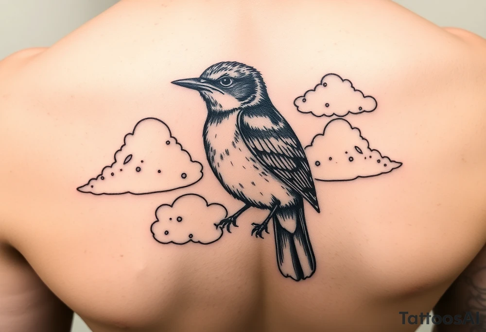 Kentucky bluebird with realistic clouds tattoo idea