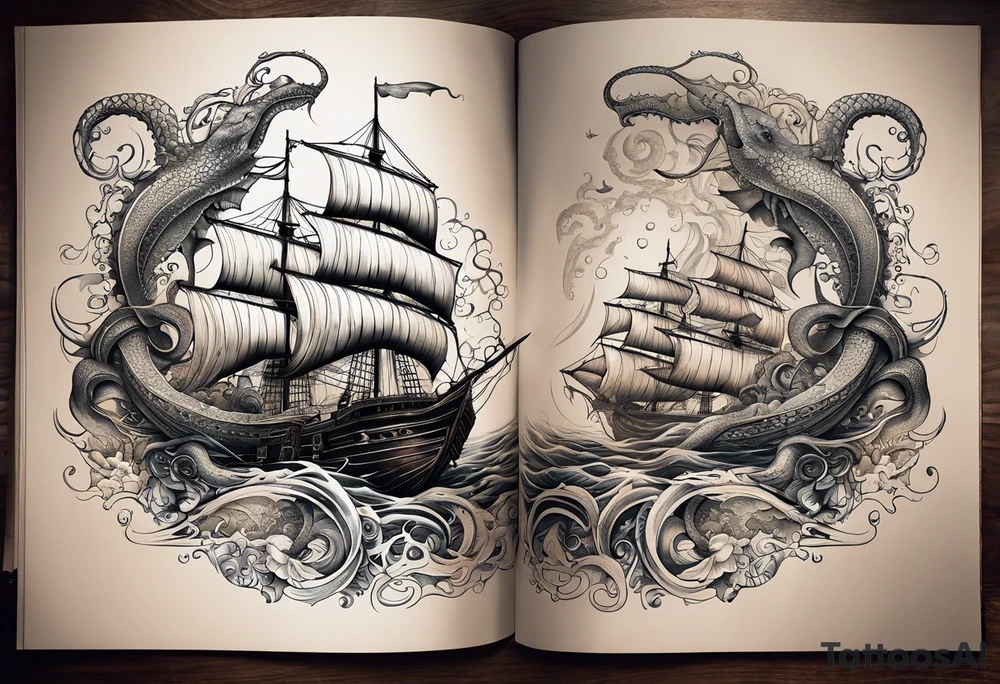 I apologize for that! Let's refine the approach to create a more authentic and detailed tattoo design. I'll focus on creating a design that better aligns with the artistic style and complexity of a full-sleeve tattoo.

Here's a new approach:

1. **Detailed Kraken and Boat**: Create a more realistic and intricate depiction of the Kraken and the boat.
2. **Tentacle and Skull**: Design the tentacles with a focus on wrapping around the arm and interacting with a detailed skull.
3. **Text Integration**: Integrate the text "Dead men" and "Tell no tales" in a style fitting the tattoo theme. tattoo idea