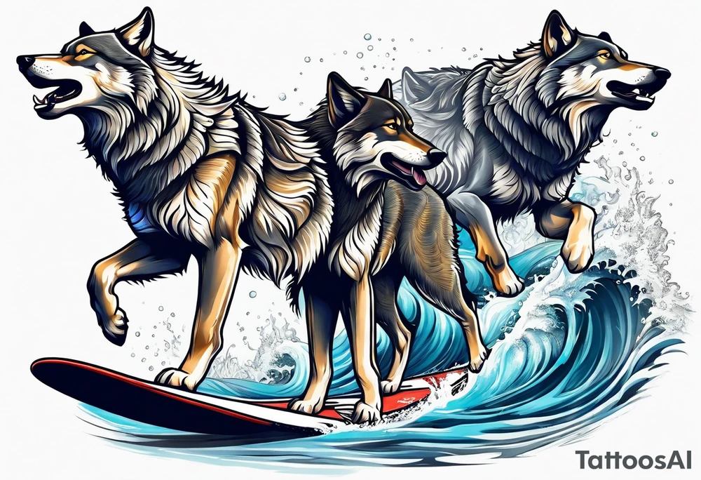 a pack muscular of gray wolves surfing tattoo idea