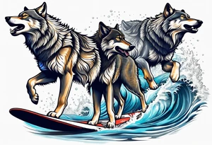 a pack muscular of gray wolves surfing tattoo idea