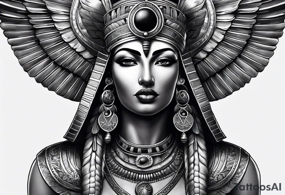 black and gray photo realistic goddess isis with minimal detail tattoo idea