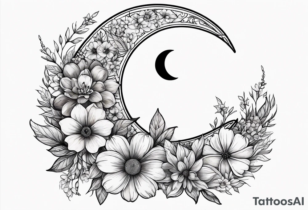 Waxing crescent moon made out of flowers tattoo idea