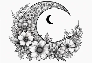 Waxing crescent moon made out of flowers tattoo idea