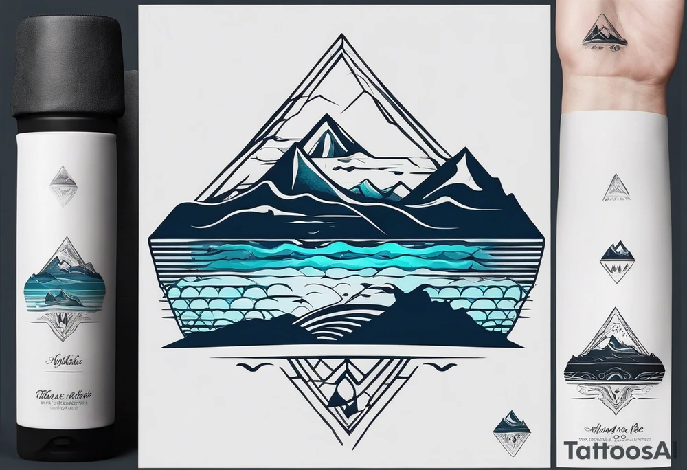 This is a minimalistic tattoo split into 2 distinct sections; a top half and a bottom half. The top half is a mountain in Norway with a windy mountain bike trail wrapping around the mountain. The bottom half of the tattoo depicts an underwater ocean scene, featuring blue water and sea life. tattoo idea