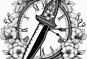 Dagger with hourglass and cherry blossom petals and shadow clock surrounding it tattoo idea