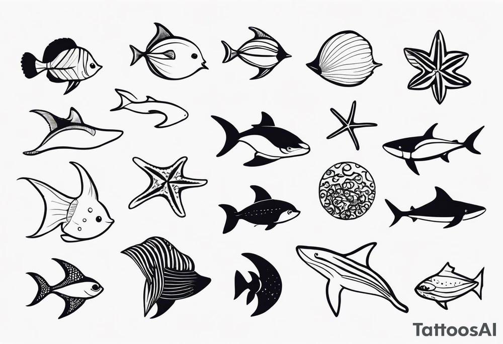 Small sea creatures in a vertical line tattoo idea