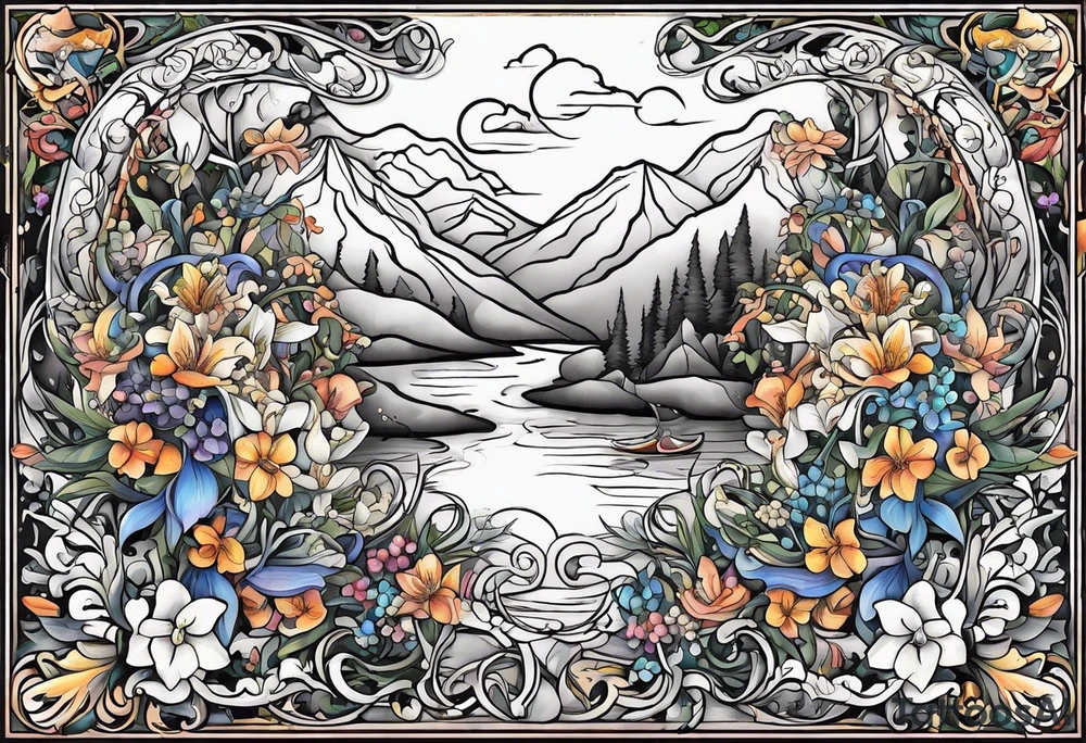 The words, "All the Things. Everywhere." Surrounded by vines and Lilly of the Valley and Larkspur flowers tattoo idea