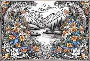The words, "All the Things. Everywhere." Surrounded by vines and Lilly of the Valley and Larkspur flowers tattoo idea