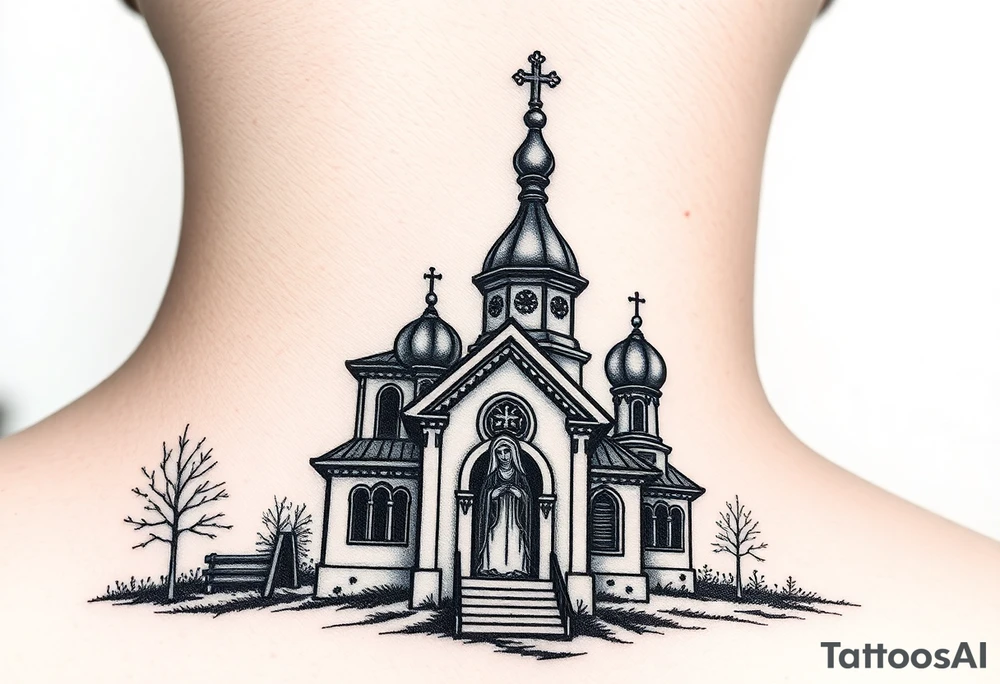 rusian orthodox domes church with a virgin mary in a russian rural village with Church Slavonic script or Cyrillic text — a prayer or meaningful phrase running along the sides tattoo idea