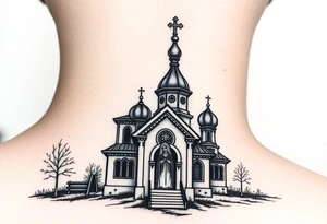 rusian orthodox domes church with a virgin mary in a russian rural village with Church Slavonic script or Cyrillic text — a prayer or meaningful phrase running along the sides tattoo idea
