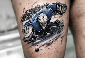 Goalie Diving Save Scene – Realistic scene of a masked goalie in blue pads, diving to block a puck, framed by a blurred crowd and net behind. tattoo idea