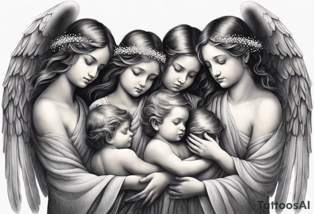 angels praying together. Three boy angels  and three girl angel, with their wings gently enfolding a baby angel in a protective embrace tattoo idea