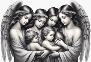 angels praying together. Three boy angels  and three girl angel, with their wings gently enfolding a baby angel in a protective embrace tattoo idea
