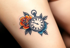 2 Blue and orange roses with a clock on the thigh that’s says Prince, Christopher, Mckyiah, Christopher Sr tattoo idea