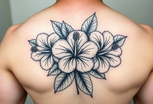 Three hibiscus flowers botanical big tattoo. FINE LINE add greenery around. Simplicity tattoo idea