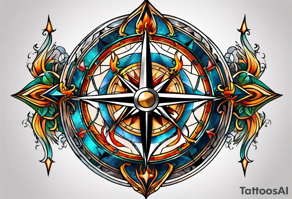 North compass and flames tattoo idea