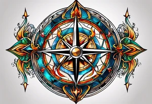 North compass and flames tattoo idea