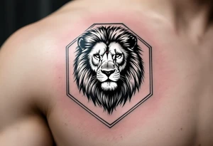 A Czech lion inside a hexagonal frame, combining realism and modern minimalism, with subtle Czech national colors. tattoo idea