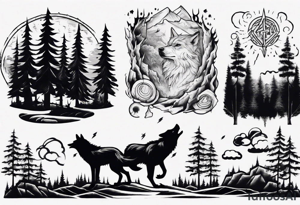 a thunder and lightning storm over a forest with a distant wolf howling and a drums tattoo idea