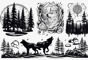 a thunder and lightning storm over a forest with a distant wolf howling and a drums tattoo idea