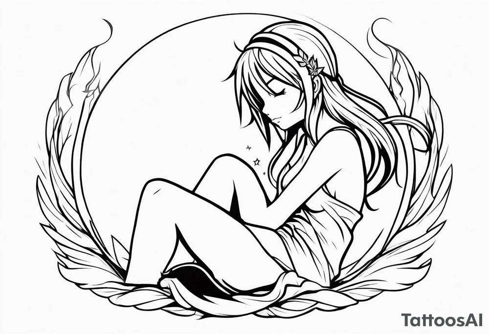 No color fairy with a tail inspired by the logo of the anime show called Fairy Tail in a fetal position leaning in and forward while sleeping tattoo idea