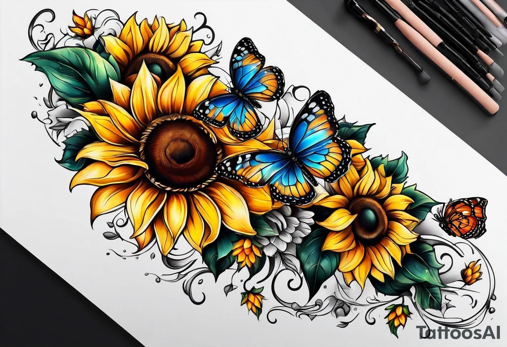 Arm sleeve with sunflowers and butterflies tattoo idea