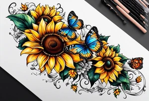 Arm sleeve with sunflowers and butterflies tattoo idea