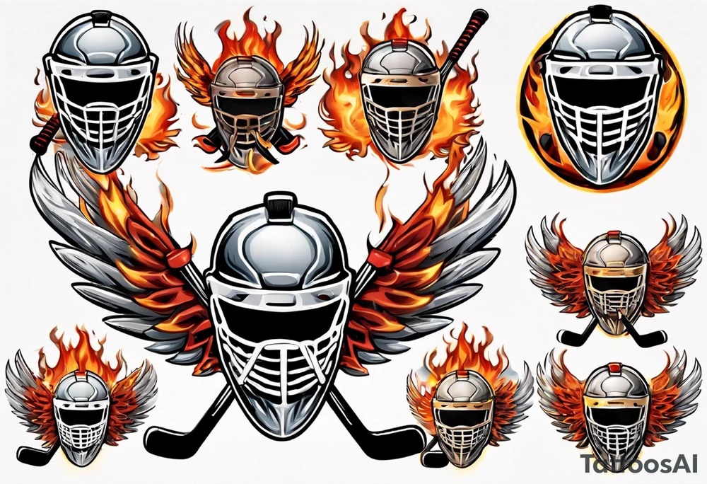 hockey puck with flaming wings and a goalie mask and crossed hockey sticks that says "SHOT HOCKEY" tattoo idea