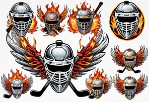hockey puck with flaming wings and a goalie mask and crossed hockey sticks that says "SHOT HOCKEY" tattoo idea