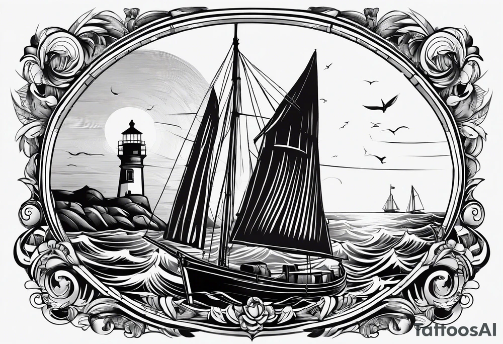 voilier vue de face. phare maritime dans le voilier servant de mat pour les voiles. tattoo idea