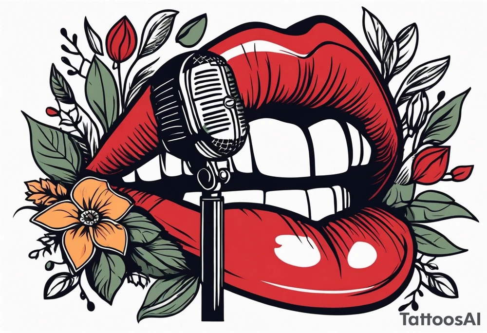 lips singing old school vintage traditional
flowers around and mouth next to microphone tattoo idea