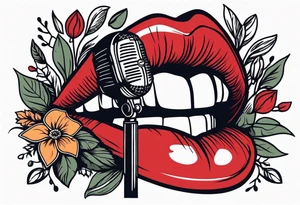 lips singing old school vintage traditional
flowers around and mouth next to microphone tattoo idea