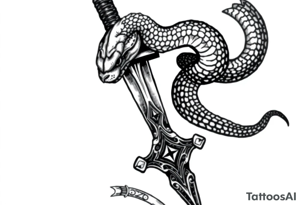 mystical snake coiled around an ancient dagger with jeweled hilt tattoo idea
