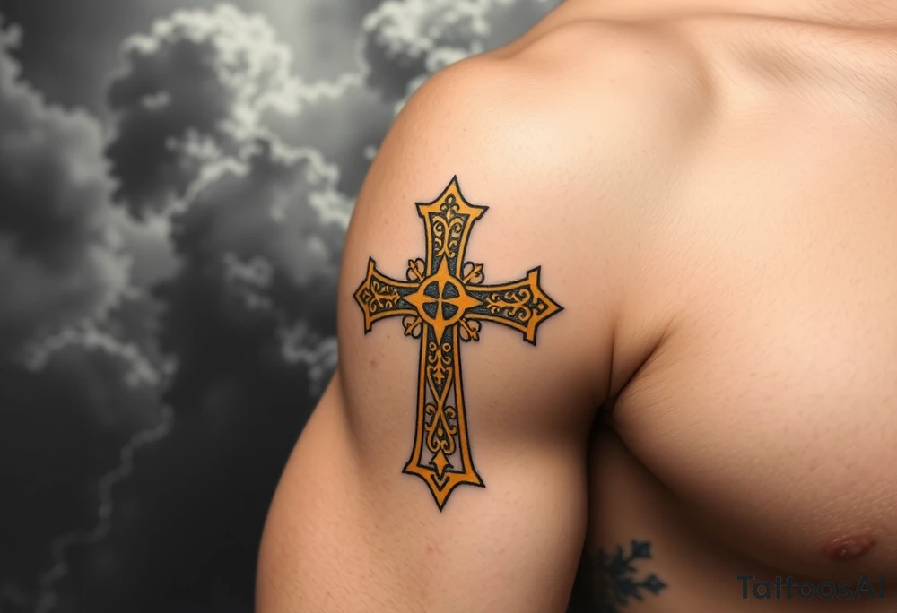 A golden Templar cross with filigree patterns, glowing against a dark stormy background, symbolizing divine strength tattoo idea