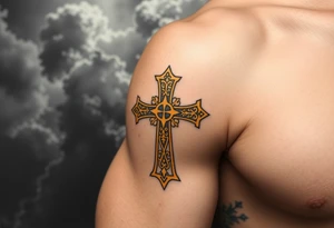 A golden Templar cross with filigree patterns, glowing against a dark stormy background, symbolizing divine strength tattoo idea