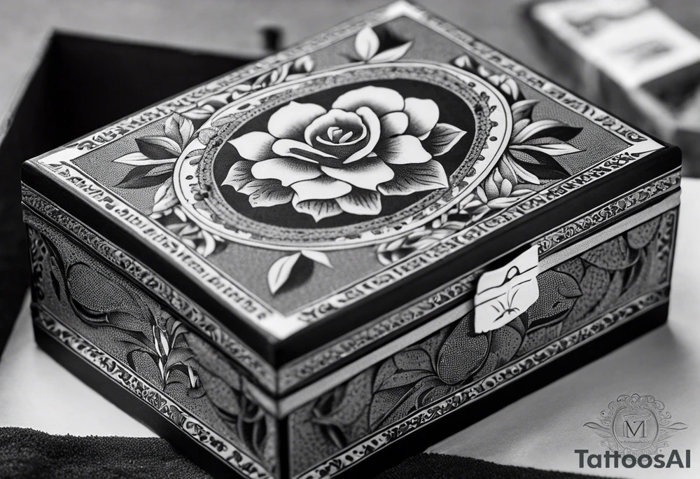 An intricate dotwork black and white tattoo of a vintage cigar box with one cigar propped up next to it.. surrounding the box is flowers tattoo idea