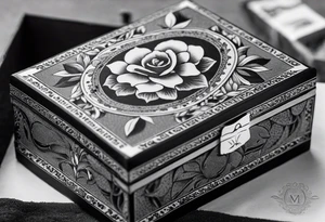 An intricate dotwork black and white tattoo of a vintage cigar box with one cigar propped up next to it.. surrounding the box is flowers tattoo idea