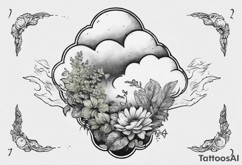 a forearm tattoo with a cloud with little plants and underneath it the date 12.08.05 tattoo idea