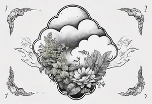 a forearm tattoo with a cloud with little plants and underneath it the date 12.08.05 tattoo idea