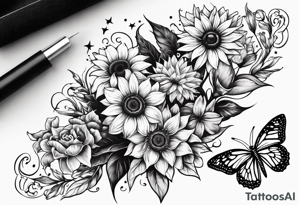 Forearm half sleeve with lilly sunflower flowers & small butterflies incorporating the names Harvey & Ruby with stars, books, fantasy & dragons themed tattoo idea