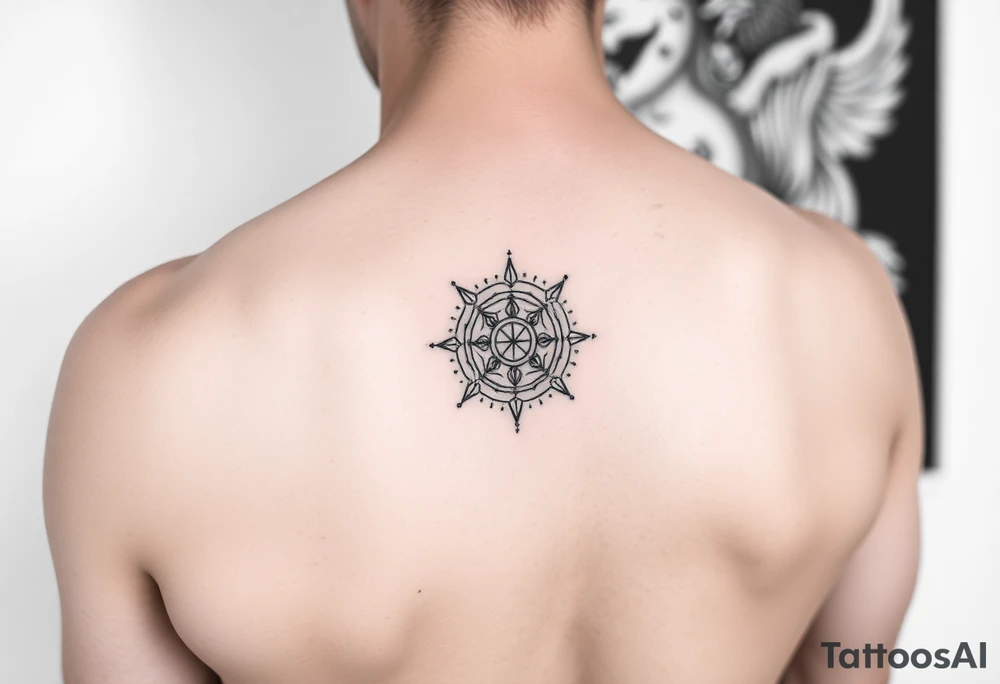 Minimalist style tattoo with oranental design with symbolism and dot work , full back tattoo idea