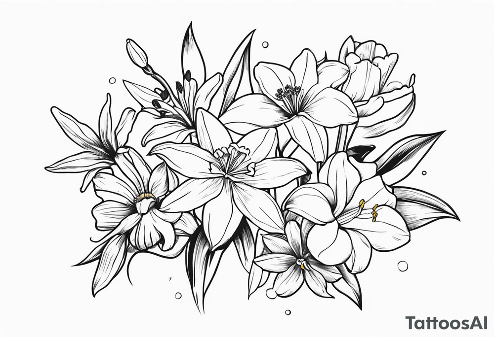 bouquet of flowers containing one lily, one daisy, one daffodil, and one narcissus. tattoo idea