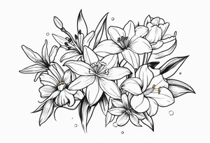 bouquet of flowers containing one lily, one daisy, one daffodil, and one narcissus. tattoo idea