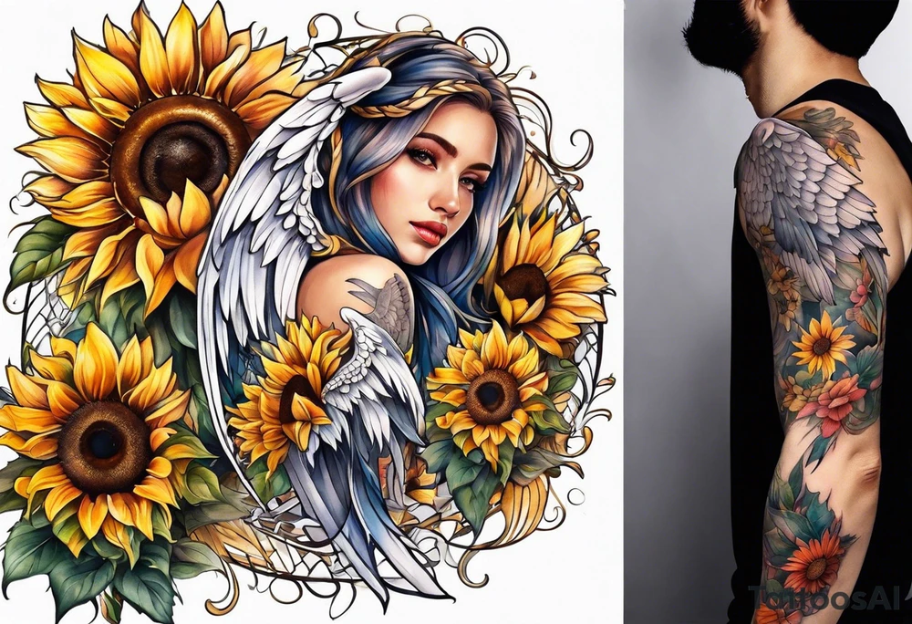 Sunflower and angel wings sleeve tattoo idea