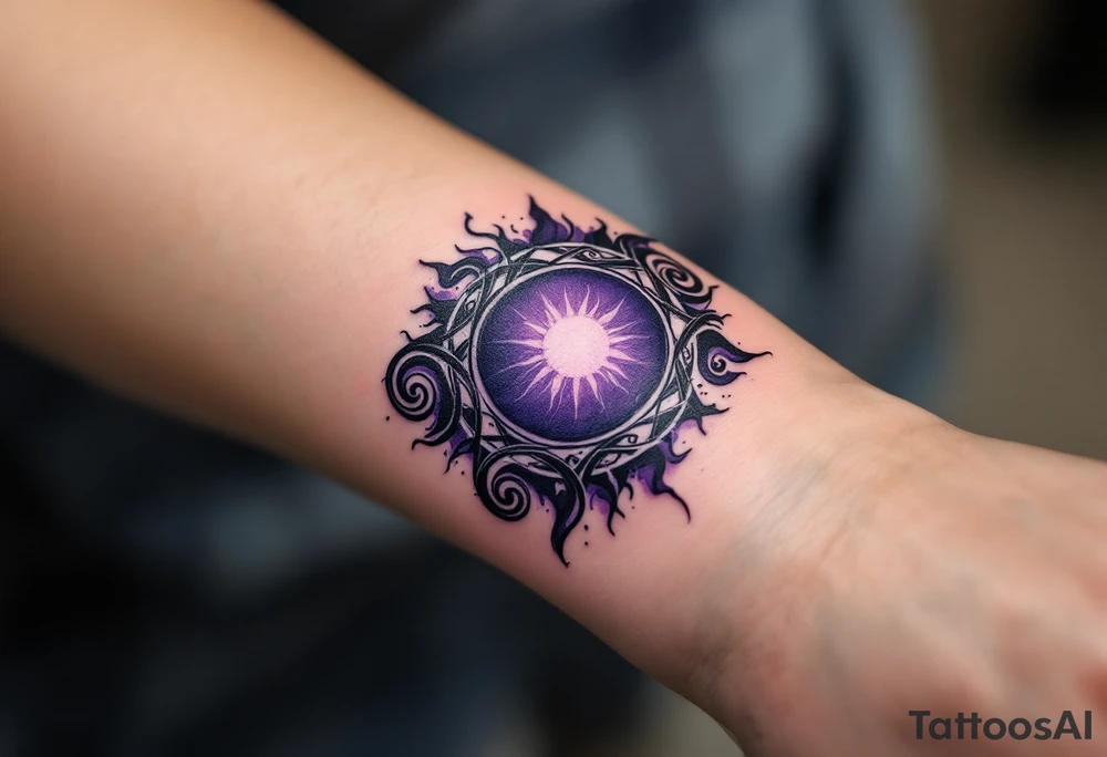 A full-circle sun in dark violet and black spirals symbolizes unity and eternity in Celtic lore. tattoo idea